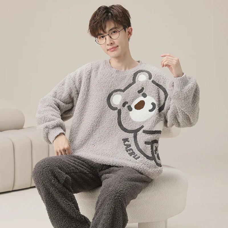 Pijama de Diseño Lindo de Moda para Hombre Otoño Invierno Forro Polar Coral Espesado Cálido Suave Masculino Polar Térmico Conjunto Ropa de Casa Juvenil