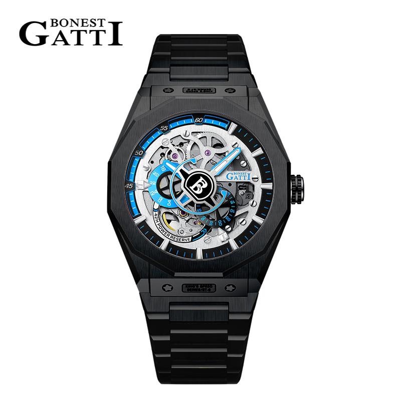 BONEST GATTI Men's Watch German Automatic Mechanical Skeleton Luminous Stainless Steel Bracelet Men's High-End Watches