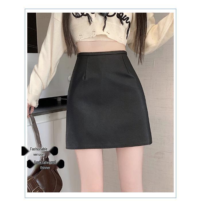Women's Matte PU Leather Mini Skirt, High Waist A-Line, Slim Fit, Anti-Exposure, Autumn/Winter 2026 Style