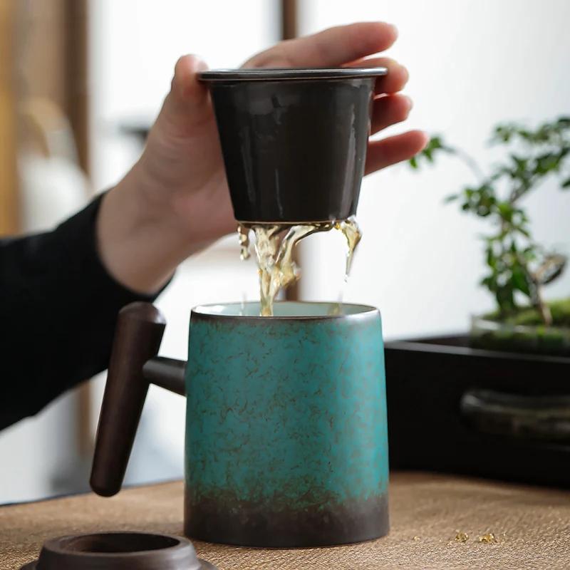 Retro Ceramic Aesthetic Mug Bubble Tea Cup with Cover Japanese Tea Water Elegant Original Mugs Coffee Cups Espresso Kiln Baked Wood Handle Gift