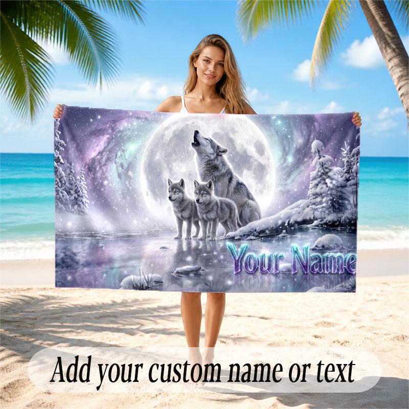 Wolf Theme Beach Towel Personalized Custom Name & Text Soft Quick Dry Beach Towel for Swimming Travel