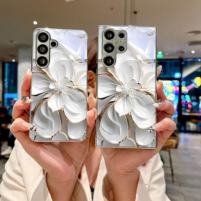 Edge White Flower Electroplated Silver Phone Case For Samsung Galaxy S26 S25 S24 S23 S22 S21 S20 Ultra Plus FE 26 5G Glass Cover