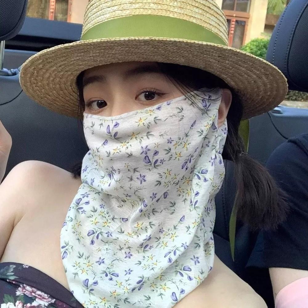 1Pc New Breathable Face Sunscreen Mask Thin Small Floral Print UV Resistant Scarf Ear Hook Style Neck Protector Summer
