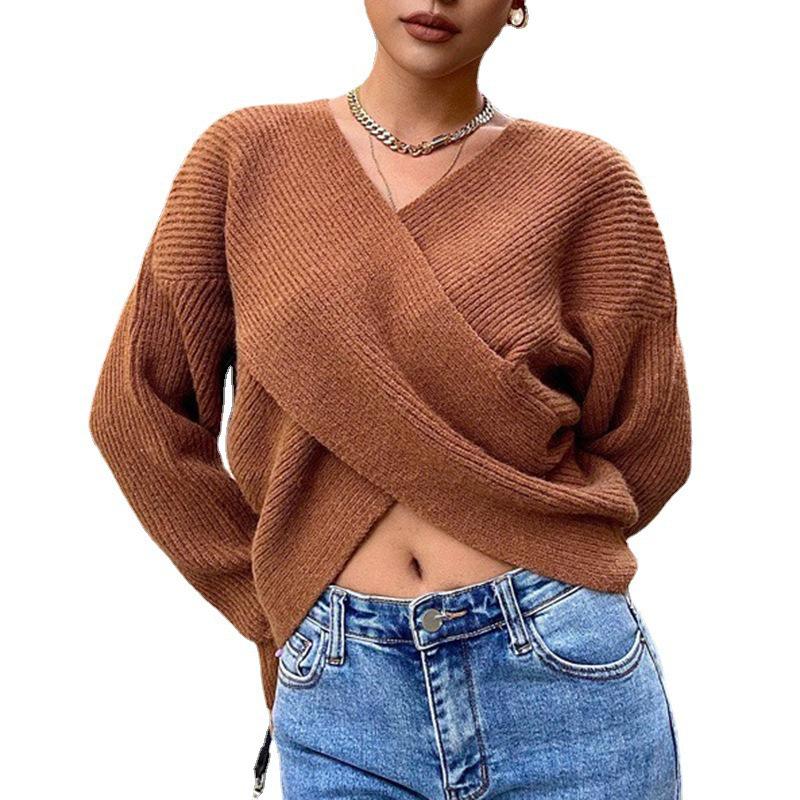 2026 Autumn Winter Solid Color V-Neck Cut-out Knit Sweater with Long Sleeves