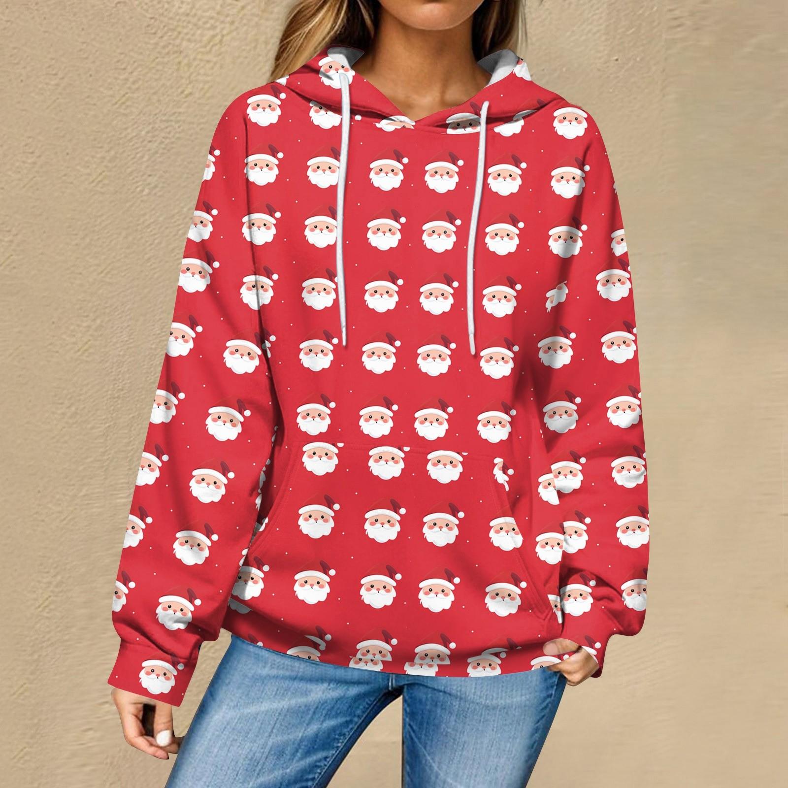 

Женская повседневная мода рождественский принт длинный рукав пуловер толстовки с капюшоном свитшоты XXXL