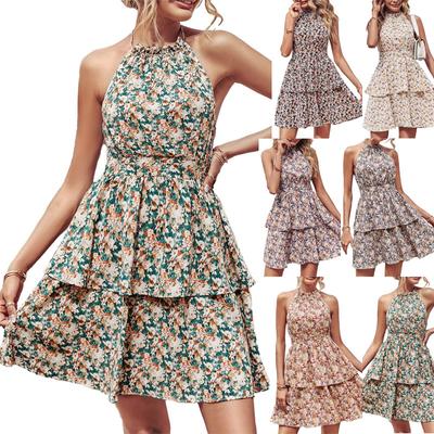 Summer Women's Sexy Strapless Hanging Neck Floral Dress Boho Style Printed Sleeveless Festival Beach Party Sundresses