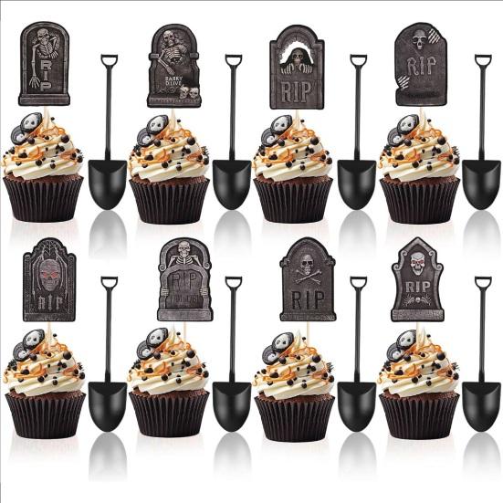 48 Pcs Halloween Cupcake Toppers Tombstones Graveyard Cake Decorations with Mini Shovel Spoons for Halloween Birthday Party Supplies