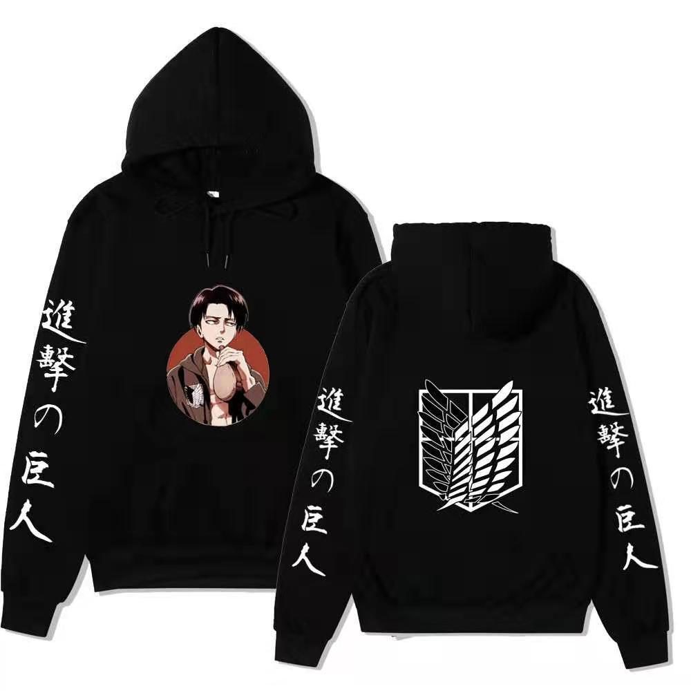 Attack On Titan Levi Ackerman Hoodie Unisex Fleece Sweatshirt, Front Character Print, Back Wings Logo, Japanese Sleeve Text, Autumn Winter Pullover