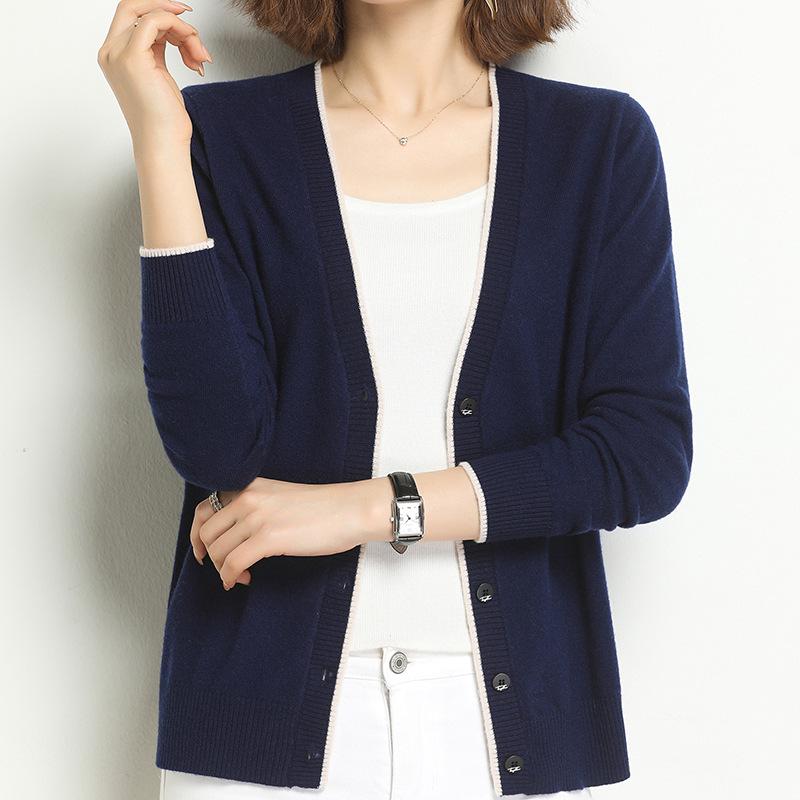 Women's Autumn V-neck Knitted Cardigan: Temperament Slimming Long Sleeve Wool Coat