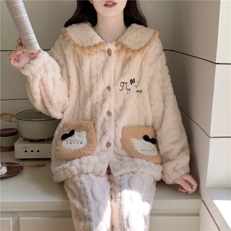 Womens Coral Fleece Pajama Set Princess Style Thick Warm Flannel Loungewear Winter