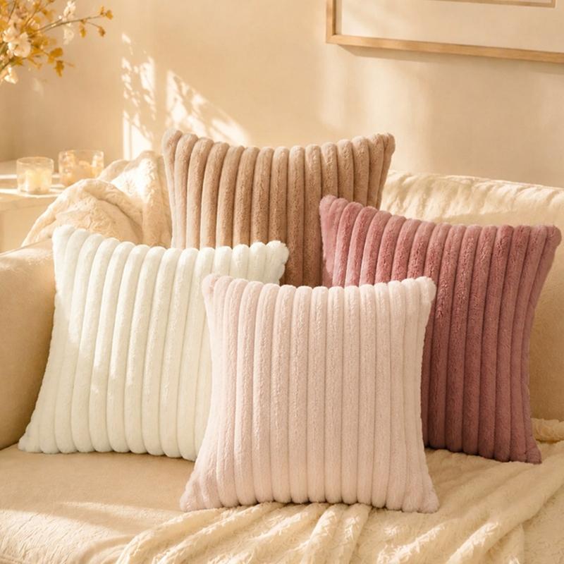 Guest Room Pillowcase Set of 4, 45 x 45 cm with Ribbed Front and Smooth Reverse for Sofa Line Indoor Seating Use
