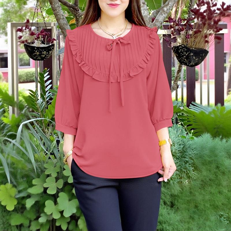 ZANZEA Women Casual Round Neck Solid Color 3/4 Sleeve Loose Blouse