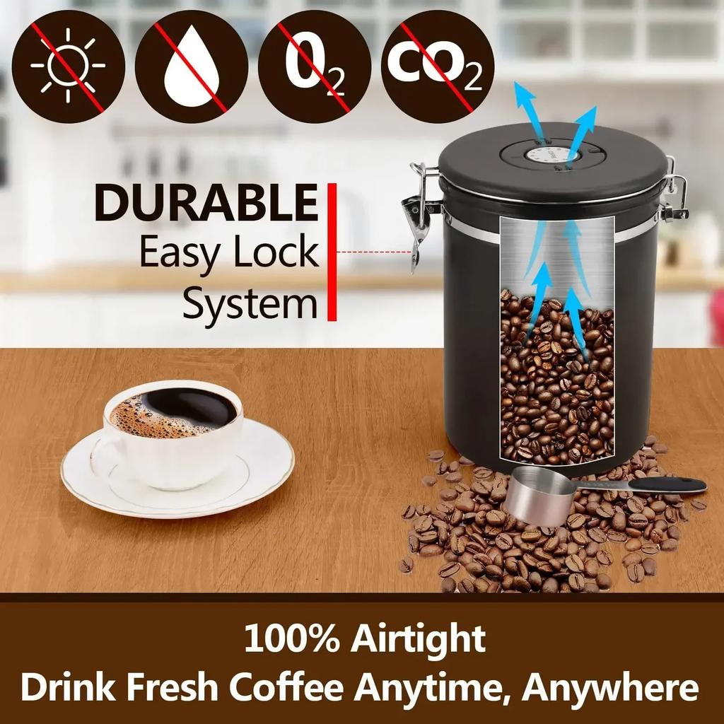 Stainless Steel Coffee Canister Coffee Bean Storage Airtight Containers with Date with Spoon Vent Valve Kitchen Food Storage Jar
