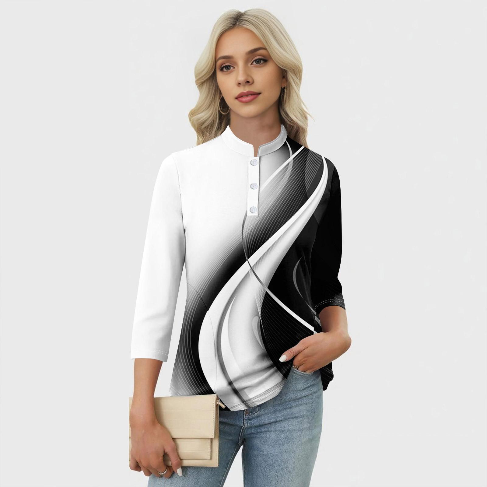 Women s Casual Floral Print V-Neck 4/3 Sleeve Decorative Button T-Shirt Top M