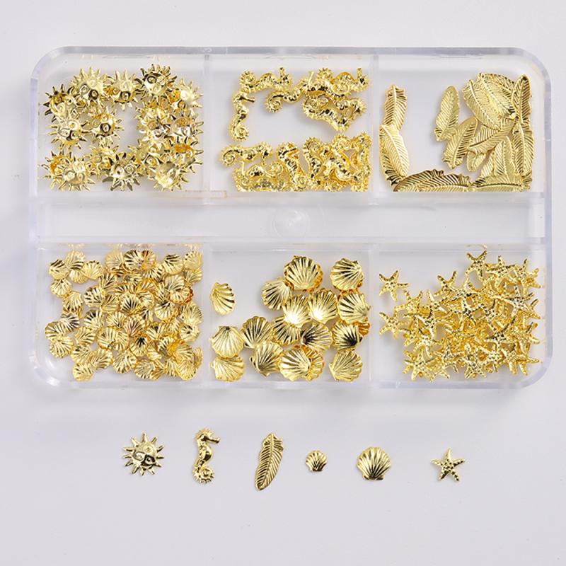 1 Box Metal Summer Ocean Nail Art Charms 3D Shell Starfish Seahorse Pearl Beads Alloy Nail Jewelry Mixed Manicure Studs Decor