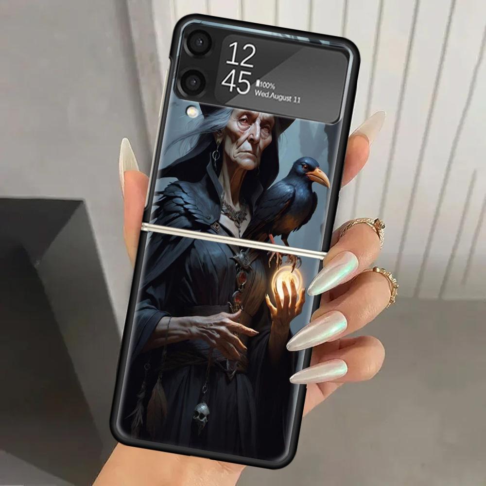 Halloween Moon Witch Horror Hard PC Phone Case For Samsung Galaxy Z Flip 7 6 5 4 3 Black ZFlip7 ZFlip6 Flip5 Flip4 Flip3 5G Prin