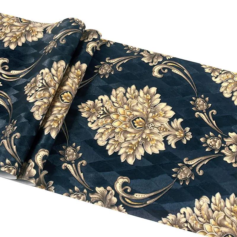 Europäischer Stil Blau Damaskus 3D PVC Geprägte Tapete Luxuriöses Schlafzimmer Wohnzimmer Gestreifte Vinyl Wandpapier Floral papel de pared 0. 53x9.5m