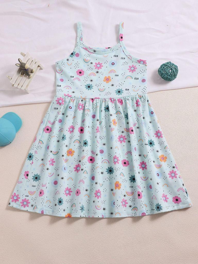Summer European-American Girls' Cartoon Strappy Princess Dress - Round Neck