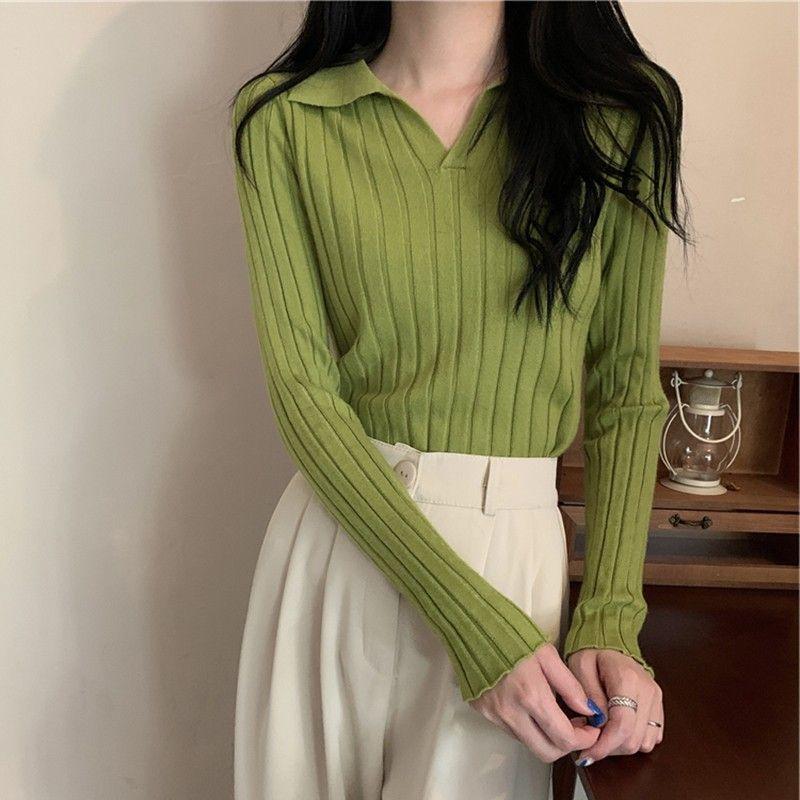 

Lapel knitted sweater women s gentle wind long-sleeved top slim-fitting primer sweater women s autumn and winter One Size