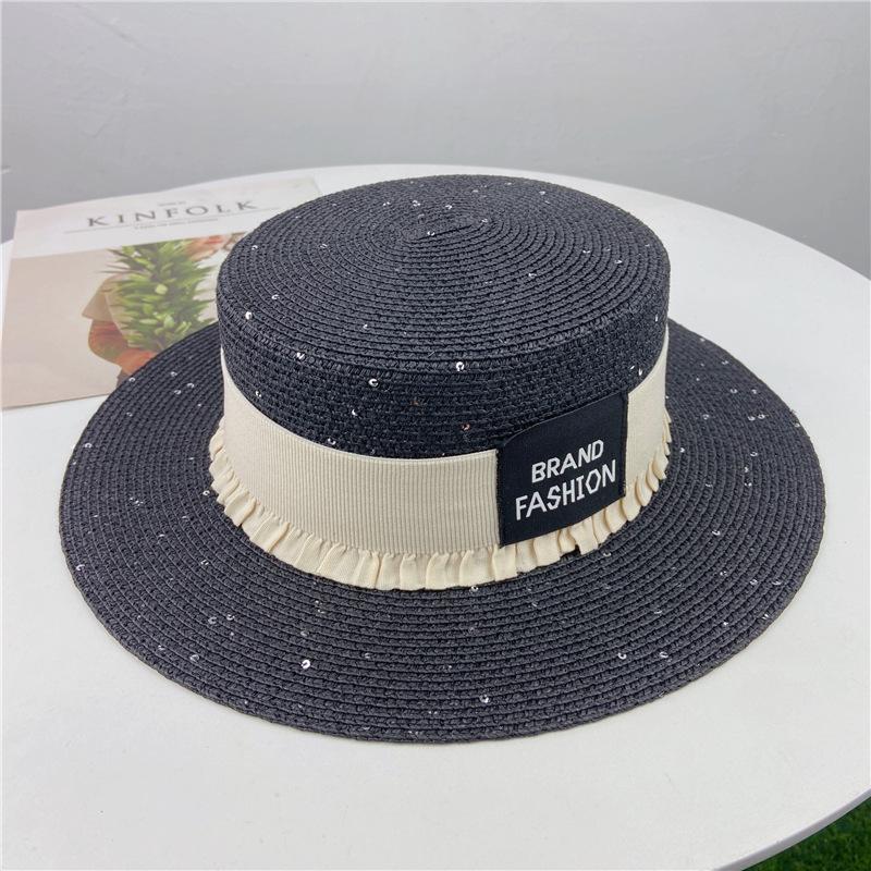 Ladies Summer Sun Protection Hat Women's Beach Hat Versatile Patch Straw Hat Flat Edge Straw Hat Letter Strap