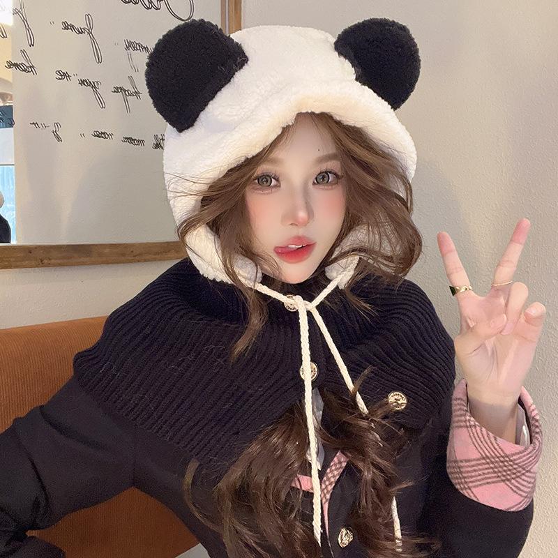 Women's Winter Warm Wool Hat Scarf Integrated Bear Ear Protection Knit Hat Women