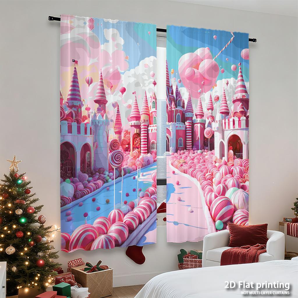 Piece Set High Definition Digital Printed Curtainspink Candy Castle Fantasy Colorful Cartoon Stylehome Decoration Style Curtains Made Of Polyester
