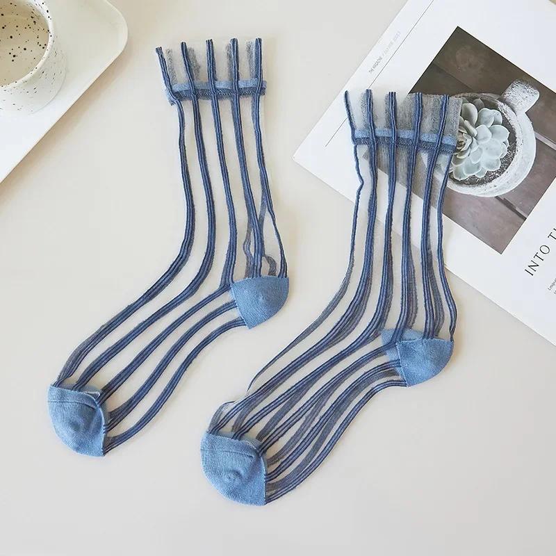 Summer Ultra-thin Women Socks Transparent Crystal Silk Socks Korean Fashion Striped Harajuku Streetwear Nylon Loose Long Socks