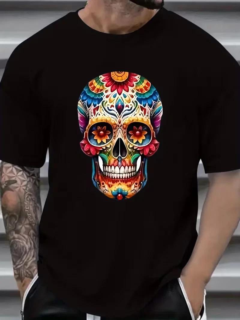 Men s Plus Size Casual Fashion T-Shirt with Colorful Skull Design - Round Neck XL