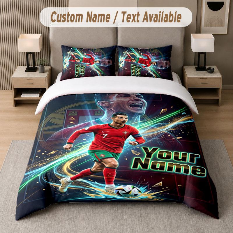Custom Bedding Set Cristiano Ronaldo Pattern, Print Name Text 1 Duvet Cover plus 2 Pillowcases Home Textile