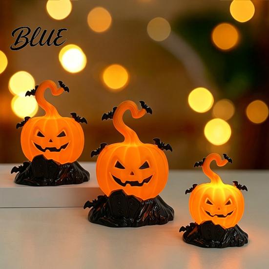 Battery Operated Candle Lights 2Pcs Halloween Pumpkin Night Light, Flameless LED Lamp with Bat Safety Decor, Plastic Tabletop Ornament for Home Party
