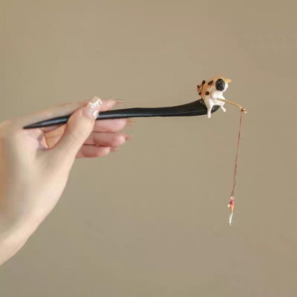 Chinese Style Cat Fishing Hair Stick Black Sandalwood Hanfu Hairpin Antique Wooden Hair Stick  Girl
