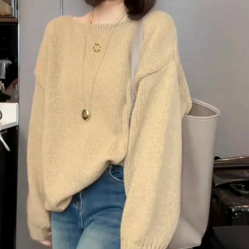 New Door Sweet Wind Age Reduction Hundred Solid Color Long Sleeve Sweater Women Loose and Lazy Wind Slimming Knit Top