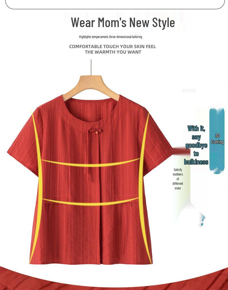 Tencel Kurzarm Oberteil im chinesischen Stil für Frauen mittleren Alters - 2025 Sommer Zweiteiler