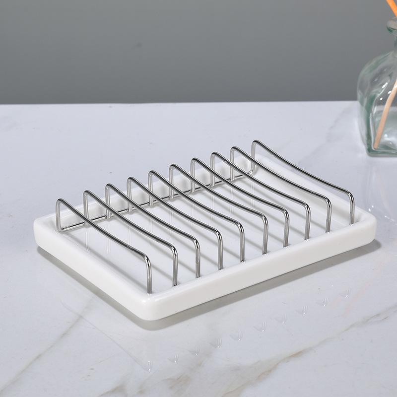 Stainless Steel & Ceramic Soap Holder Set - No-Punch Bathroom Soap Dish with Draining Rack