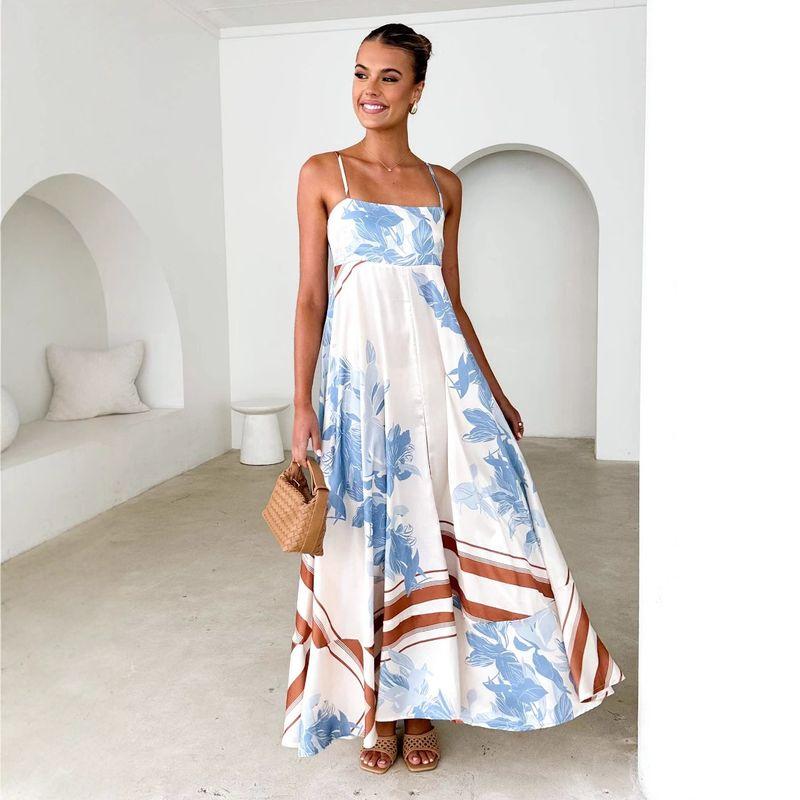 2025 European and American Foreign Trade Summer Fashion Print Backless Sling Sexy Big Hemline High Waist Dress Women