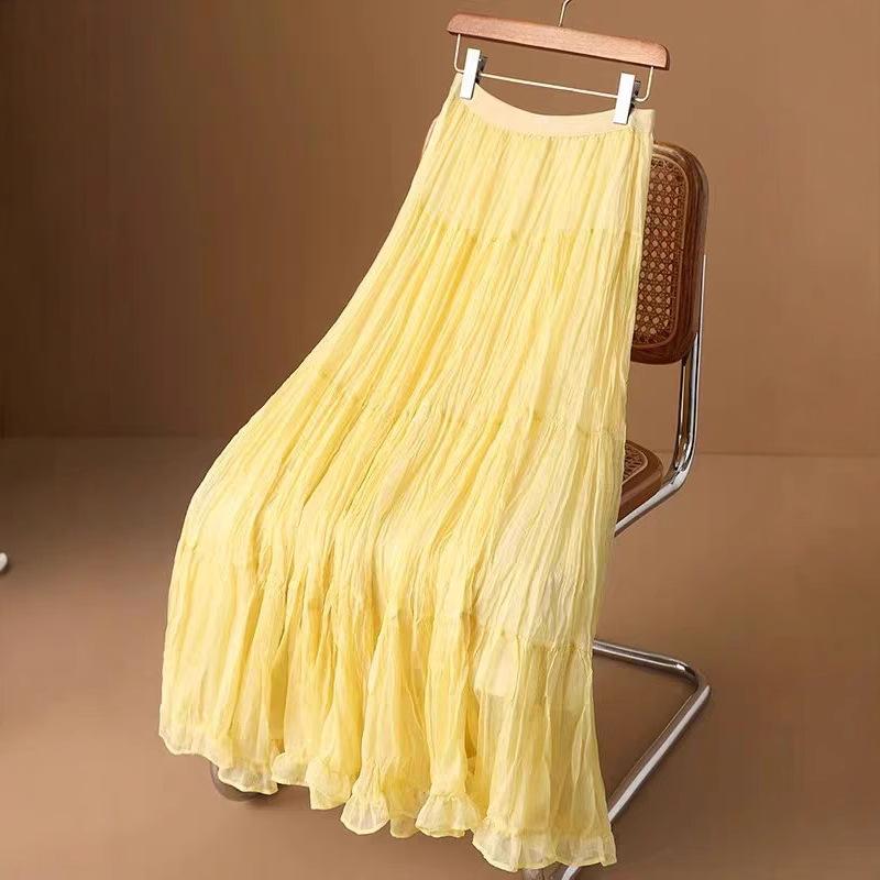 French Gentle Wind Ruffle Leaf Edge Mesh Skirt Women's Summer Long Pleated Thin Lazy Holiday Style A-word Skirt