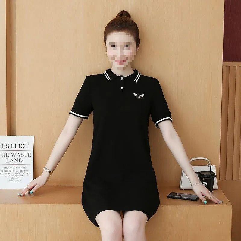 Women's Summer Embroidered Color Block Polo Dress - Plus Size Slimming A-line Midi Skirt