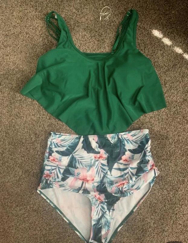 Multicolor Lotus Leaf High-Waist Split Bikini Swimsuit for Women - Conservative Style