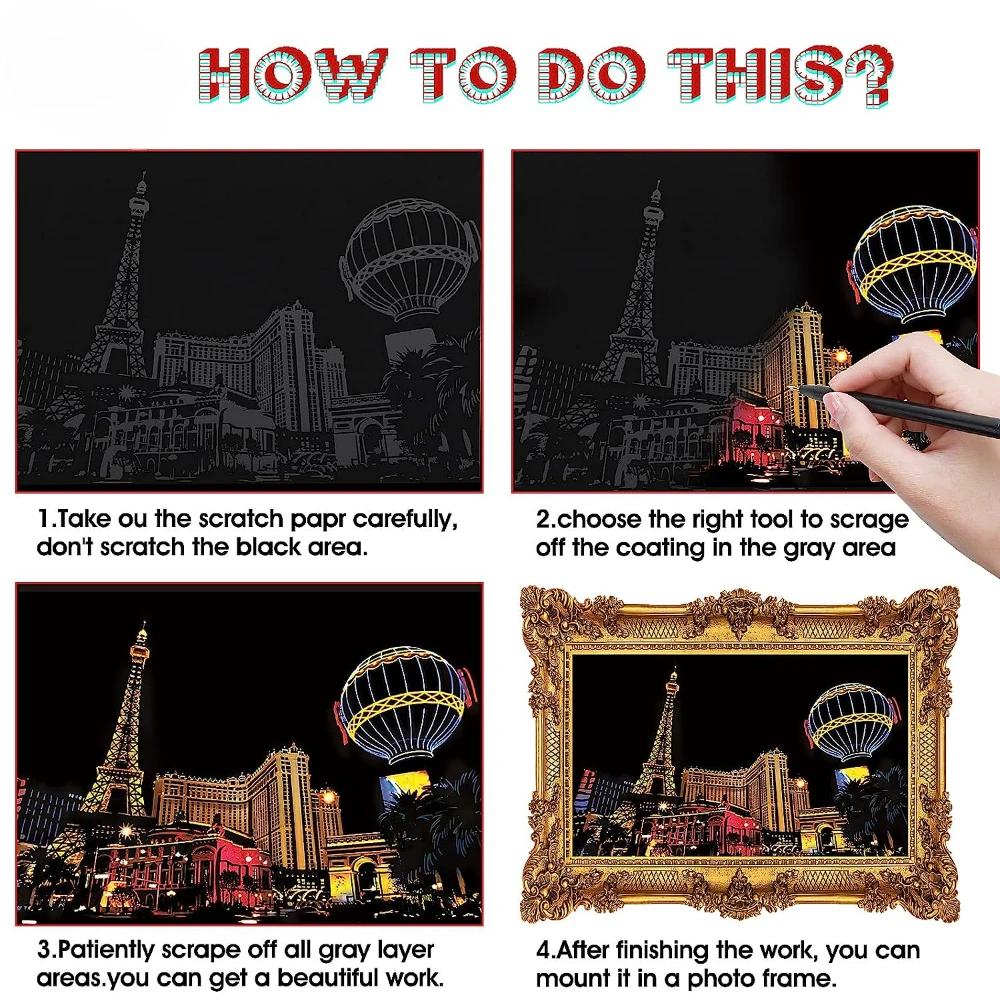 DIY 4 stk Barn Nattscene Kunst Skrapemaleri Leker By Bygning Landskap Barn Pedagogiske Leker Bursdagsgave Romdekor