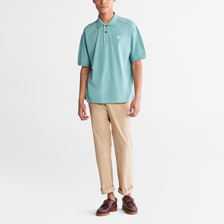 Timberland Solid Color Contrast Stitch Casual Short Sleeve Polo Shirt Men tops Mineral-Blue A2FYZ-G99