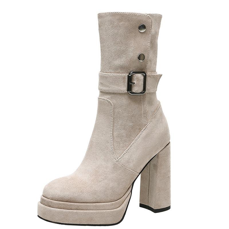 Small Thick-soled Thick-heeled Short Boots Women's New Autumn Retro Suede Super High-heeled Elastic Thin Boots
