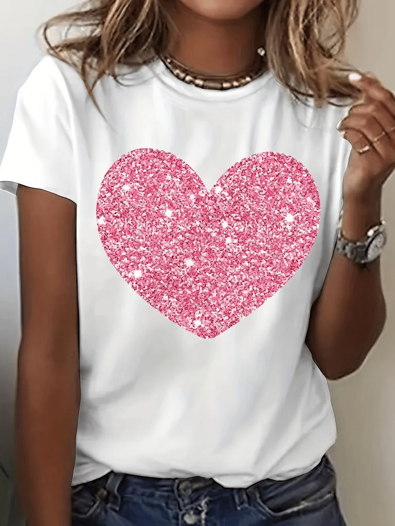 Cartoon Heart Graphic Printed Round Neck ShortSleeve TShirt Casual Top for Women Suitable for Summer Fashion Clothing Cotton