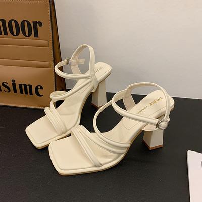 Women Sandals  Summer New Fashion Simple Square Head Thin Belt Thick Heel Open Toe One Line Buckle Women's Sandals
