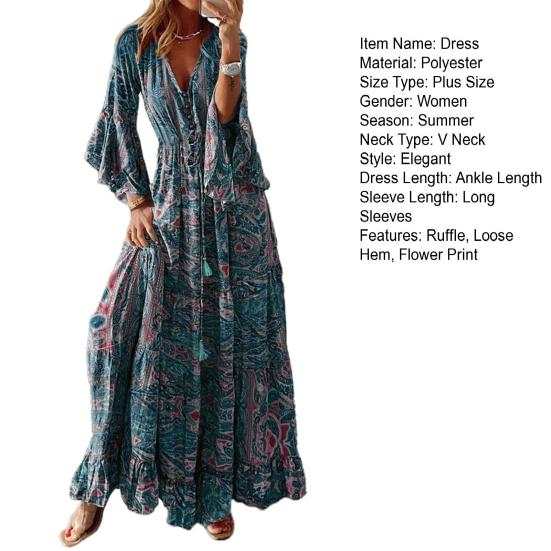 Women Maxi Dress V-neck Colorful Print Horn Sleeve High Waist Loose Hem Dress-up