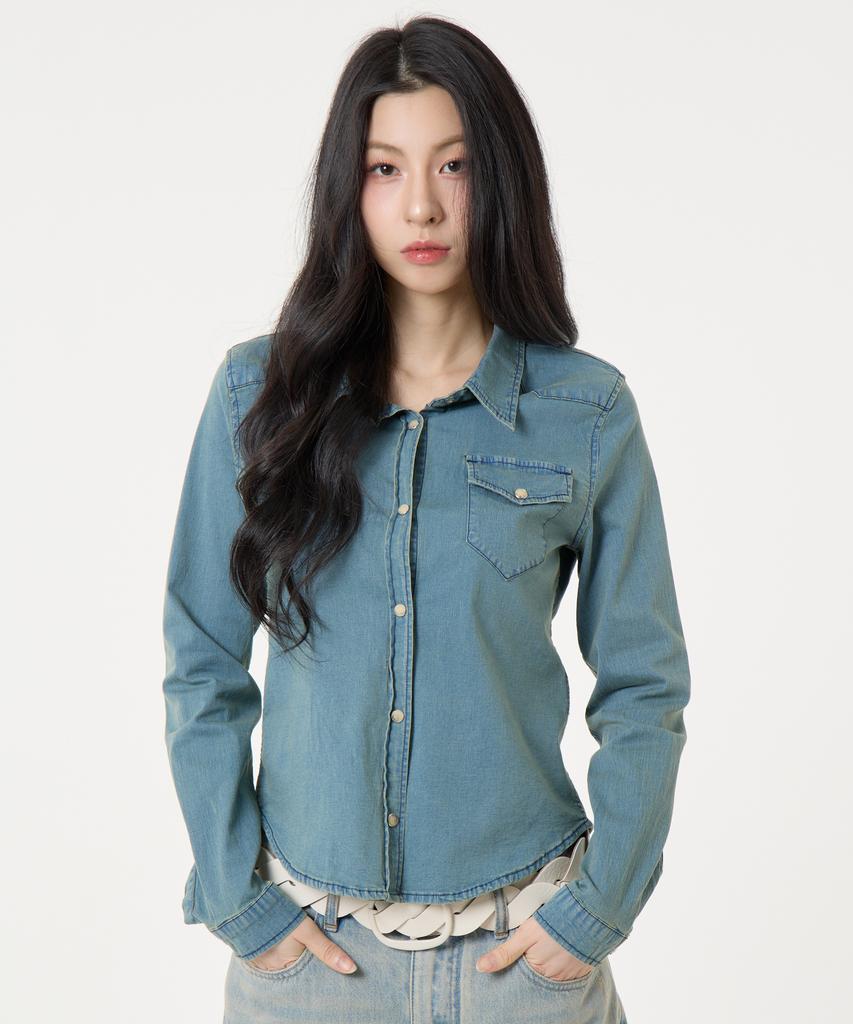 UNKNOWN PLANET Ring Snap Slim Fit Denim Shirt Sand Blue
