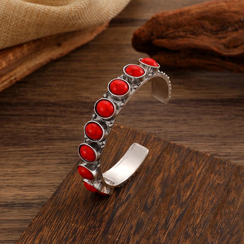 Vintage Bohemian Colorful Cuff Bracelets Bangles For Women Fashion Zircon Adjustable Open Wrist Geometric Round Boho Bangle красный