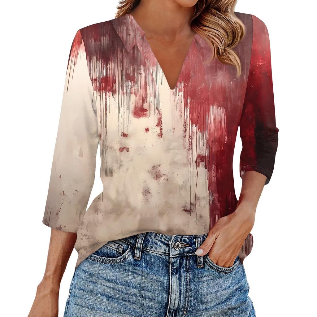 Women's Fashion Casual Lapel 3/4 Sleeve Halloween Print Shirt Women's V-Neck Tops