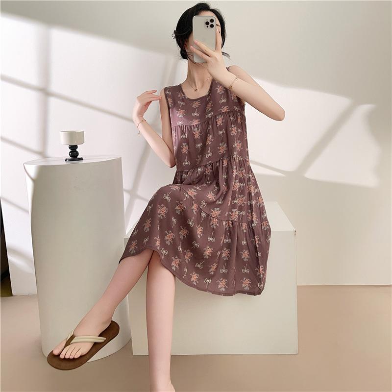 Women's Cotton and Silk Nightgown Summer Thin Internet Celebrity Large Size Printed Pajamas New Sleeveless Loungewear
