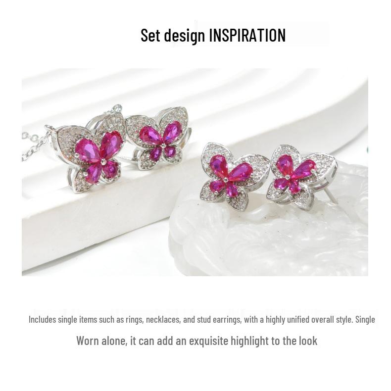 Gusien Exquisite Red Steel Butterfly Jewelry Set: Necklace, Ring & Stud Earrings - Korean Style Women's Fashion.