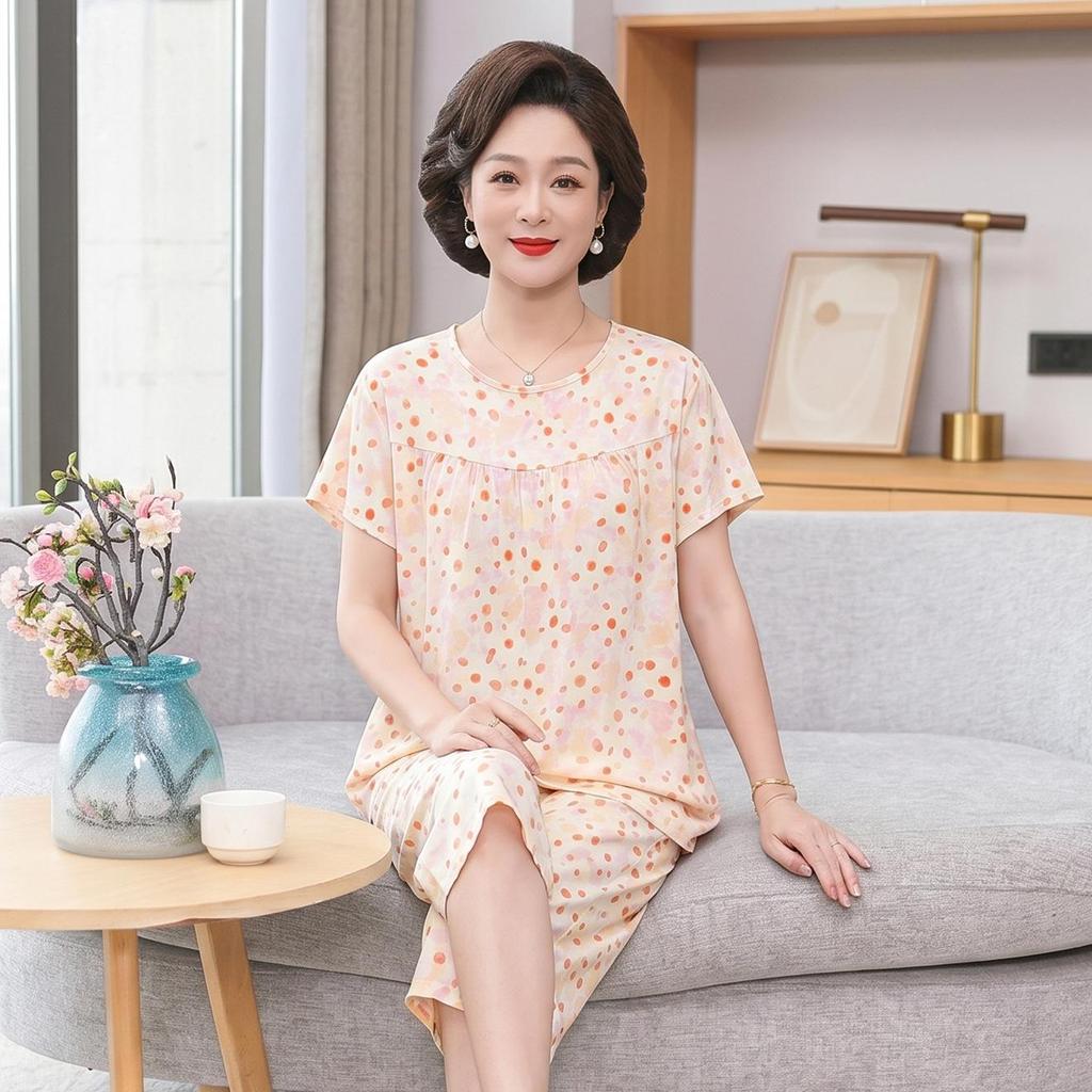 "Women's Summer Cotton Silk Pajamas: Short-Sleeve, Loose-Fit, Two-Piece Set for Middle-Aged and Elderly, Plus-Size, Outdoor Wearable"